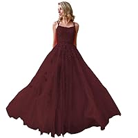 Lace Applique Prom Dresses Spaghetti Strap Sweet 16 Party Gown Backless A-Line Tulle Evening Formal Dress for Women