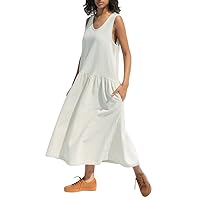 Women's Dresses 2024 Fashion Casual Solid Colour Sleeveless V-Neck Cotton Linen Pocket Dress, S-3XL