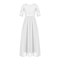 YiZYiF Kids Girl's Half Sleeve V-Neck High Low Hem Chiffon Lace Junior Bridesmaid Dress Z White 6 Years