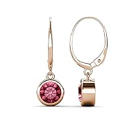 Pink Tourmaline 1.74 ctw Bezel Set Solitaire Dangling Earrings 14K Gold