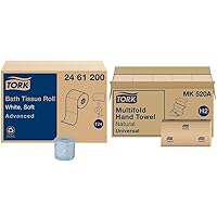 Tork Toilet Paper Roll White T24, Advanced (2-Ply) and Tork Multifold Hand Towel Natural H2, Universal (1-Ply)