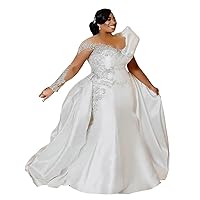 Plus Size Sequins Illusion Bridal Ball Gowns Detachable Train Satin Mermaid Wedding Dresses for Bride Long Sleeve