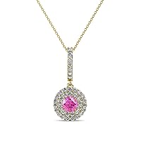 Pink Sapphire & Natural Diamond Halo Pendant 0.51 ctw 14K Yellow Gold. Included 18 Inches Gold Chain.