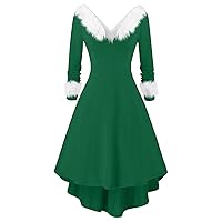 TWGONE Christmas Dresses for Women Funny Long Sleeve V Neck Fuzzy Maxi Dress A-line Cocktail Holiday Party Flare Dress