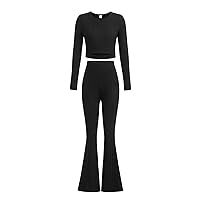 COZYEASE Girl's 2 Piece Outfits Ribbed Knit Slim Fit Long Sleeve Crewneck Crop Top T Shirt and Flare Leg Pants Set