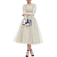 A-Line Vintage Cocktail Dress Ankle Length Jewel Neck Wedding Guest Dress Tulle with Pleats Lace Insert 2023