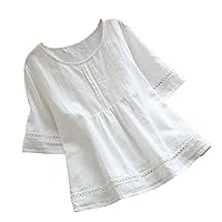 Summer Women Linen Cotton Tshirt Tops Vintage Trendy Casual Loose Fit Tunic Tees 3/4 Sleeve Lace Crewneck Blouses