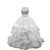 Women's Crystals Two Pieces Ball Gown Beaded Pageant Gown Long Tiered Organza Sweet 16 Quinceanera Dresses