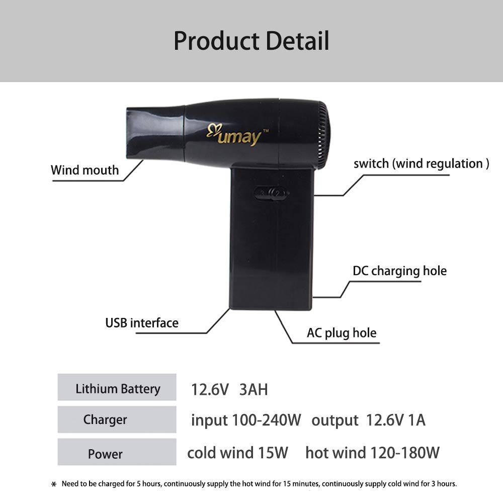 Cordless Hair Dryer, Rechargeable Dry Art Painting Using with USB Output Air Work by Battery Suitable for Drying Painting Pet Hair Baby Skin Light Weight and Small Size Easy to Carry