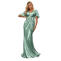 Double V Neck Bridesmaid Dresses with Train for Wedding Long Sparkly Sequins Short Sleeve Prom Party Gowns DR0485