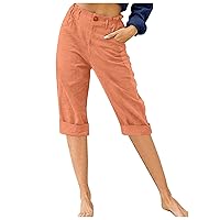 Womens Straight Capris Elastic Waist Cropped Pants, Casual Summer Pant Fashion Below Knee Capri Shorts for Women