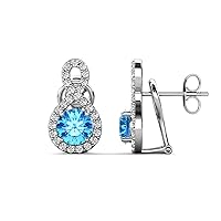 Blue Topaz & Natural Round Diamond 2.30 ctw Women Infinity Halo Dangle Stud Earrings 14K Gold