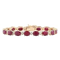 28.58 Carat Natural Red Ruby and Diamond (F-G Color, VS1-VS2 Clarity) 14K Yellow Gold Luxury Tennis Bracelet for Women Exclusively Handcrafted in USA