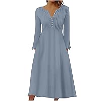 Dresses for Women Casual Fashion Solid Color V-Neck Pullover Long Sleeve Dress with Pockets