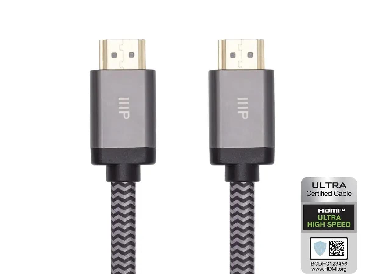 Monoprice 8K Certified Braided Ultra High Speed HDMI 2.1 Cable - 8K@60Hz, 48Gbps, CL2 Rated, 24AWG, 25 Feet, Black