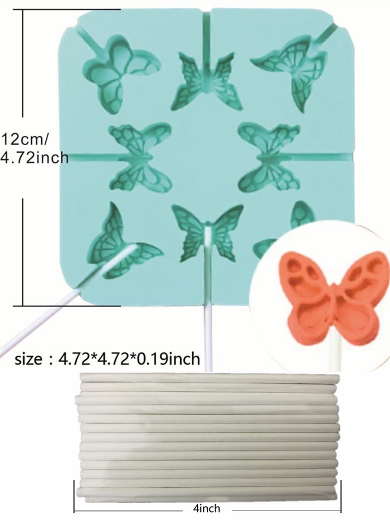 3D Butterfly Cartoon Lollipop Silicone Molds & 25pcs Paper Sticks (4inch), for Kid Party, Treat Bags, Non-Stick Chocolate, Candy, Gelatin Fudge, Ice Cube Tray，Wedding,Party and DIY Crafts ; D20HD
