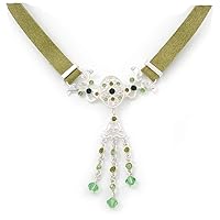 Victorian Olive Green Suede Style Diamante Choker Necklace In Silver Tone Metal - 34cm Length with 7cm extension