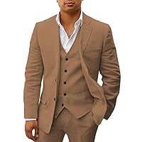 HUUTOE Linen Suits for Men 3 Piece Slim Fit Beach Wedding Casual Summer Groomsmen Suits Blazer Pants and Vest Tuxedo Set