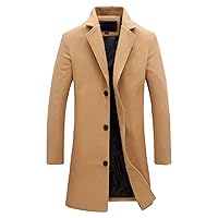 Men's Slim Winter Wool Blend Coat Single Breasted Business Long Pea Coats Notched Lapel Trench Jacket Overcoat