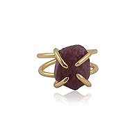 Dyed Ruby Ring Rough Gemstone Brass Band Design Gold Plated Prong Setting Adjustable Lightweight Rings Jewelry
