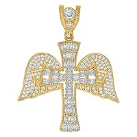 10k Yellow Gold Mens CZ Cubic Zirconia Simulated Diamond Angel Wings Cross Religious Charm Pendant Necklace Jewelry for Men