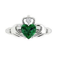 Clara Pucci 1.52ct Heart Cut Irish Celtic Claddagh Solitaire Simulated Green Emerald designer Modern Statement Ring Solid 14k White Gold
