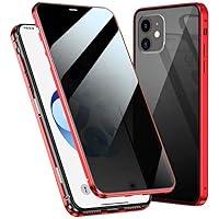 Anti-Peep Magnetic Flip Phone Case, Double-Sided Tempered Glass Cover for Apple iPhone 12 (2020) 6.1 Inch, Metal Bumper (Color : Red)