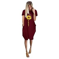 Women's Casual Dress Printed Crewneck Loose Fit Baggy Knee Length Short Sleeve Midi Shirt Dress Short Sleeve Summer Sundress Daily Wear Streetwear(2-Wine,10) 1039