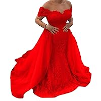 Women's Off Shoulder Lace Mermaid Wedding Dresses for Bride with Detachable Train Long Bridal Ball Gowns