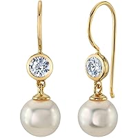 Peora 14K Yellow Gold 8mm Freshwater Cultured White Pearl and Cubic Zirconia Drop Earrings for Women, April Birthstone, Fish Hooks