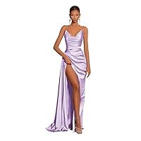 Women's Satin Prom Dress Pleated Mermaid Evening Party Gown Starpless Elegant Formal Dress with Slit BU023