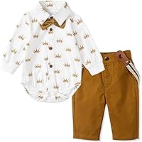 Toddler Ring Bearer Outfit With Suspender Baby Boys Clothes,Dress Shirt With Bowtie + Pant/Hat/Sock Gentleman Suit Set 0-2T