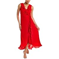 London Times Women's Soft and Flowy Feminine Ruffle Hi-Low Faux Wrap Maxi Dress