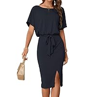 Dresses for Women 2024 Short Sleeve Solid Batwing Sleeve Slit Thigh Belted Dress Long Maxi Fashion Dress