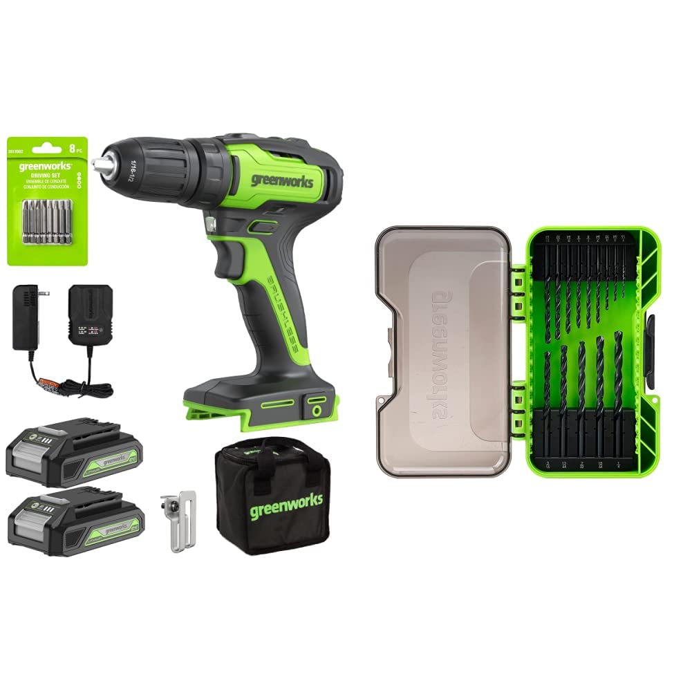Greenworks 24V Brushless Cordless Variable Speed Drill Kit, Batteries and Charger Included, with 14-Piece Black Oxide Drilling Bit Set