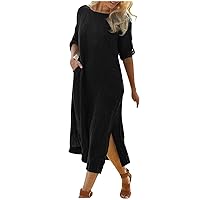 Plus Size Maxi Dress for Women Cotton Linen Loose Short Sleeve T Shirt Dress Split Summer Beach Dress with Pockets