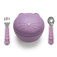 melii Silicone Bowl with Lid & Utensils – spoon and fork for Baby, Toddlers and Kids, BPA Free, Dishwasher & Microwave Safe (Cat)