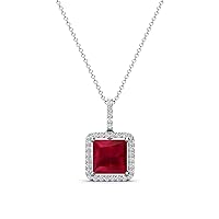 Princess Cut Lab Created Ruby & Round Diamond 2.23 ctw Women Halo Pendant Necklace 14K Gold