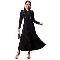 Women's Dress Dresses for Women Frill Trim Tie Neck Pleated Hem Dress Dress (Color : Black, Size : X-Large)