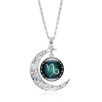 Fashion Women Twelve Constellations Charm Glass Dome Moon Pendant Necklace Jewelry Gifts for Women Girls