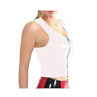 Plus Size Front Zipper Sleeveless Crop Top Ladies PVC Wetlook Dancing Tank Top (White,M)