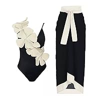 Black Womens One Piece Swimsuit Big White Flower Adjustable Bathingsuit Sarong Coverups Tie Up Skirt Dress Beachwear