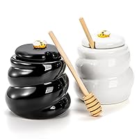 Elsjoy Set of 2 Ceramic Honey Pot with Lid and Wooden Dipper, 14 Oz Beehive Honey Jar Porcelain Honey Pot and Dipper Set, Cute Honey Container for Home, Kitchen