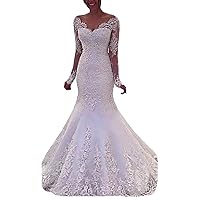 Women's Illusion V-Neck Lace Bridal Ball Gowns Sequins Train Mermaid Wedding Dresses for Bride Long Sleeve