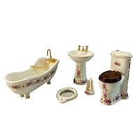 Dollhouse Bathroom Set Ceramic Bathtub Toilet Basin 5PCS Miniature Hobby Crafts Porcelain Furniture 1:12 House White Brush Stand Mirror Decoration Accessory