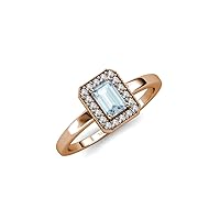 0.68 ctw Aquamarine Emerald Shape (6x4 mm) Accented Side Natural Diamond Halo Engagement Ring with Milgrain Work in 14K Gold