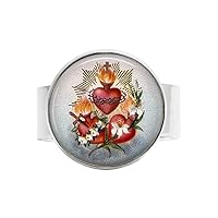 Heart with Flowers Flaming Heart Jesus Christ Charm Ring Vintage Art Photo Jewelry