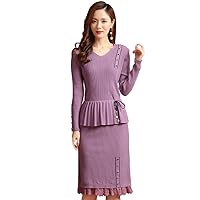 Women 2 Piece Winter Knit V Neck Sexy Slim Fit Skirt Set Sweater Solid Color Long Sleeve Midi Dress