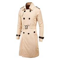 Men's Double Breasted Trench Coat Stylish Slim Fit Mid Long Belted Windbreaker Lapel Military Jacket with Belt