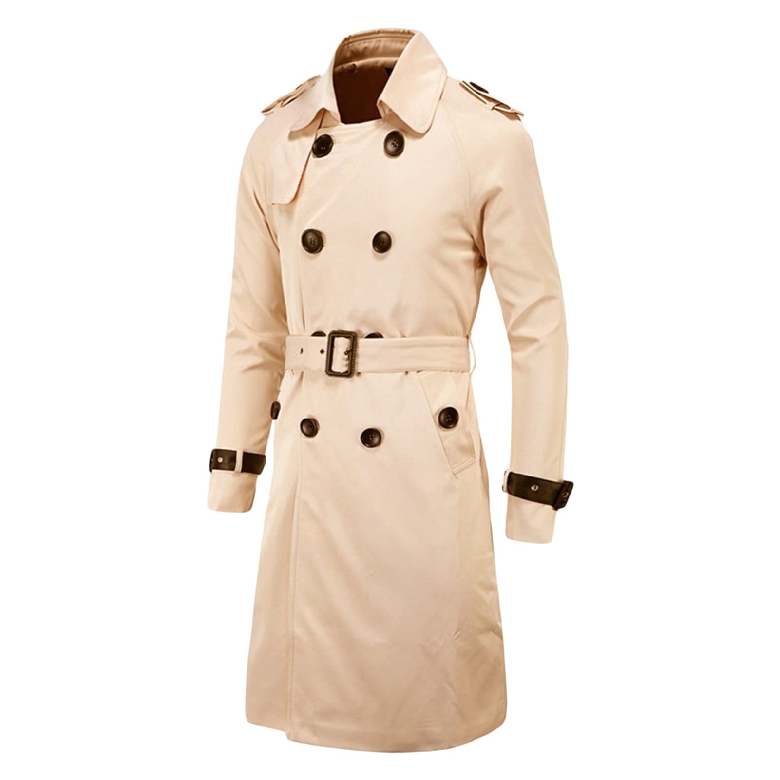 Maiyifu-GJ Men's Double Breasted Trench Coat Stylish Slim Fit Mid Long Belted Windbreaker Lapel Military Jacket with Belt